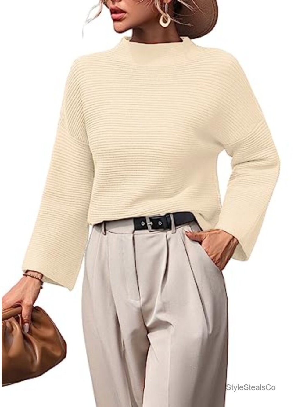 Womens Ribbed Knit Mock Neck Pullover Sweater Loose Fit Long Sleeve Fall Top